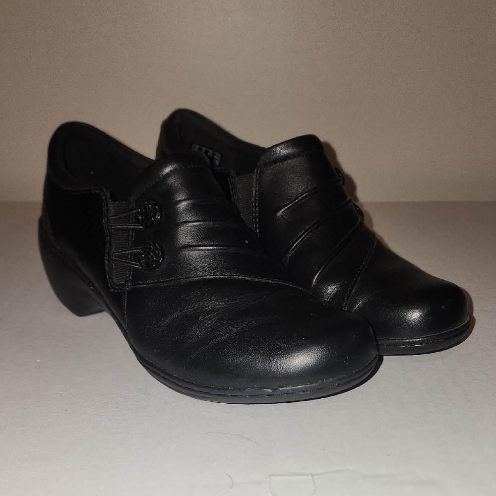 Clarks Black Women's Slip-On Loafers with Decorative Buttons
